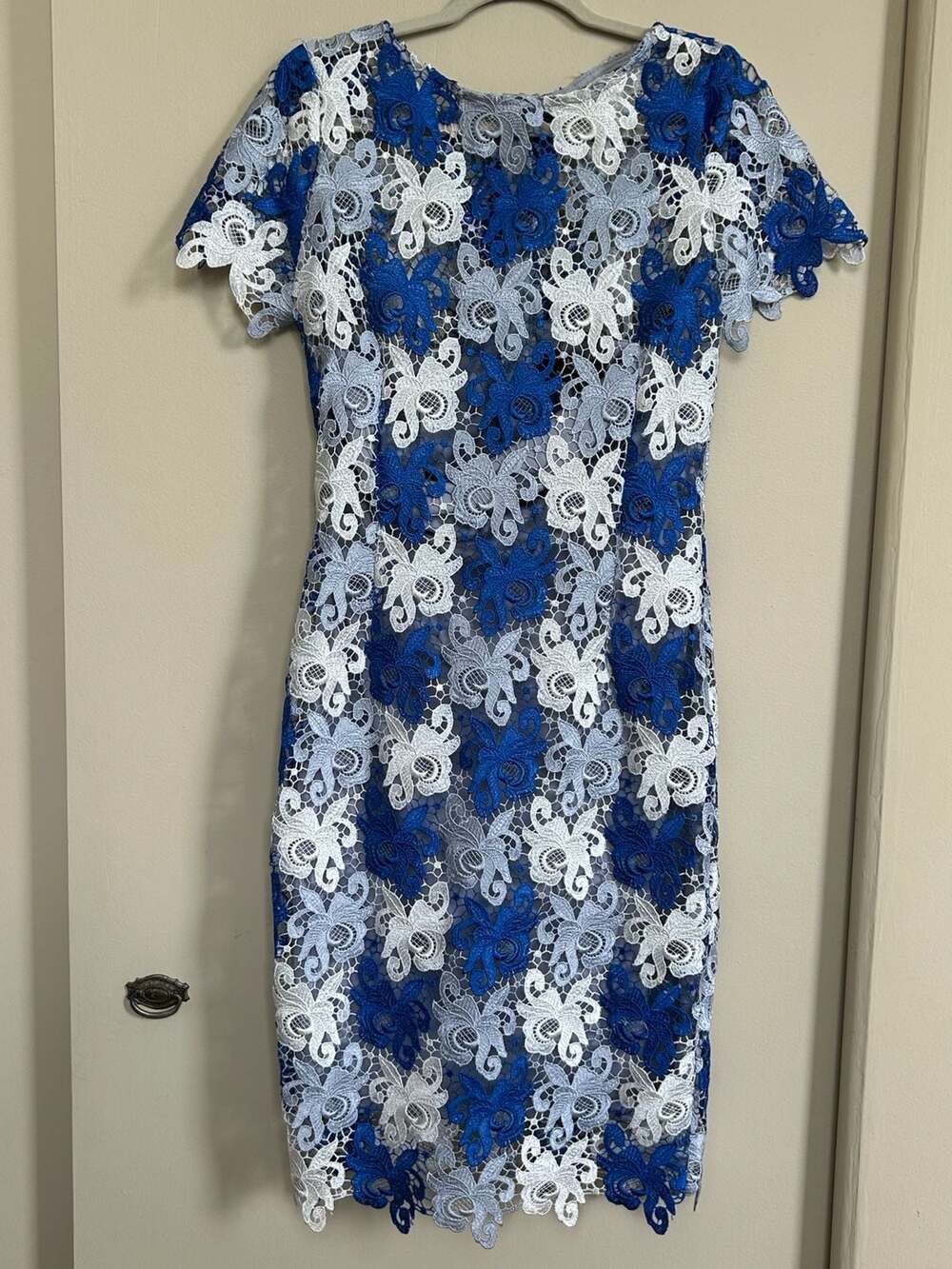 Paper Dolls London Blue and White Lace Floral Embroidered Sheath Dress US 8